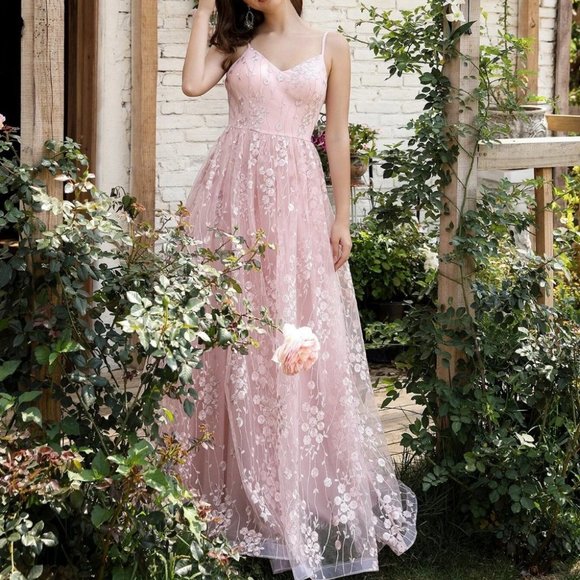 . Dresses & Skirts - Baby Prom Womens Pink Embroidery Mesh Overlay Cami Flowy Maxi Dress